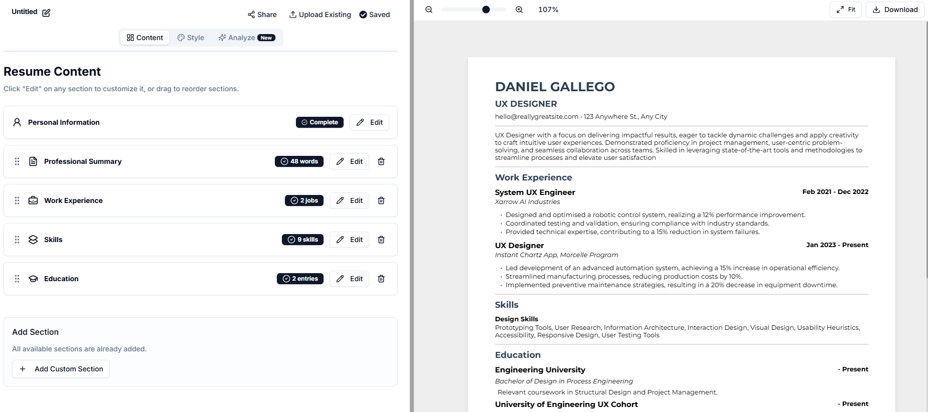 JobScoutly free resume builder — two-panel editor with live preview
