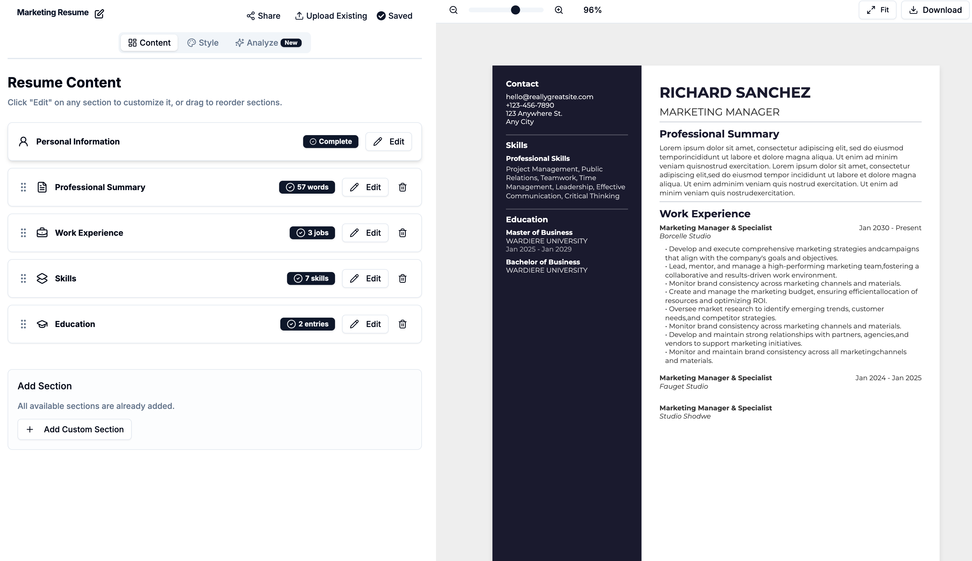 JobScoutly resume builder — two-panel editor with content sections and live resume preview