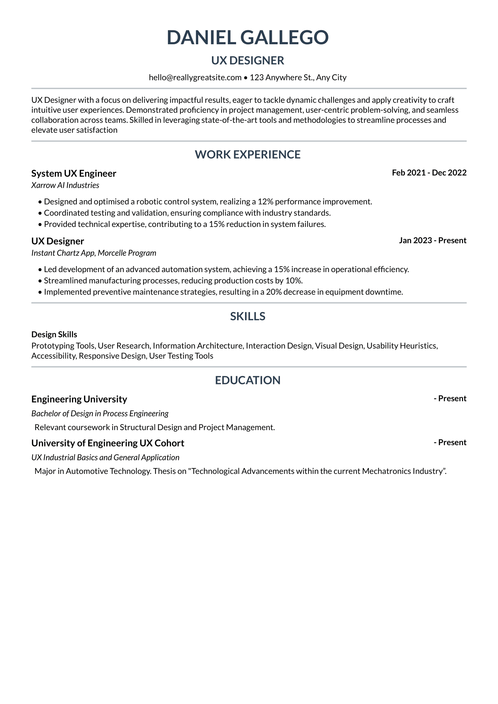 Professional resume template — UX Designer example with centered layout