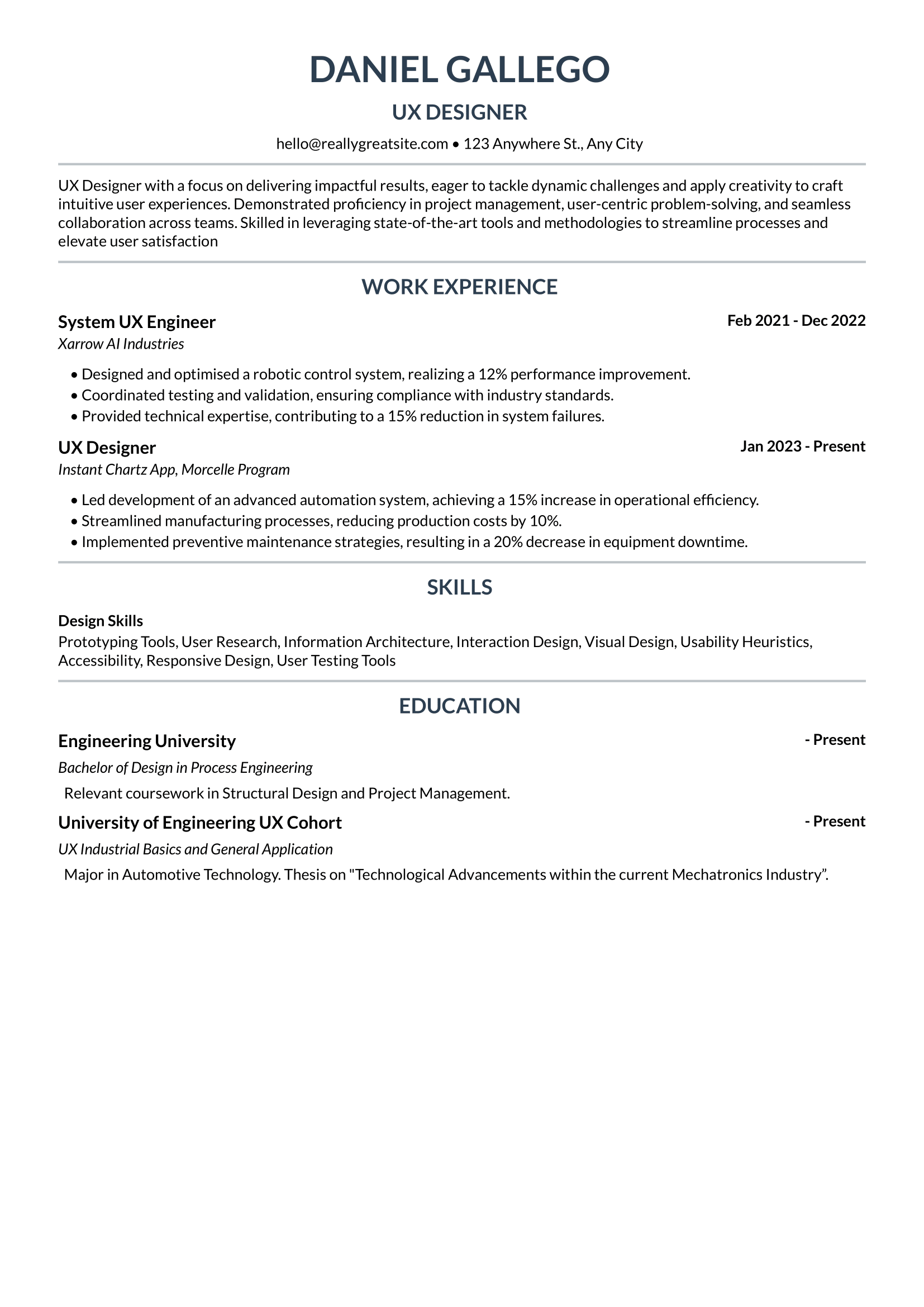 Professional resume template — UX Designer example with centered layout