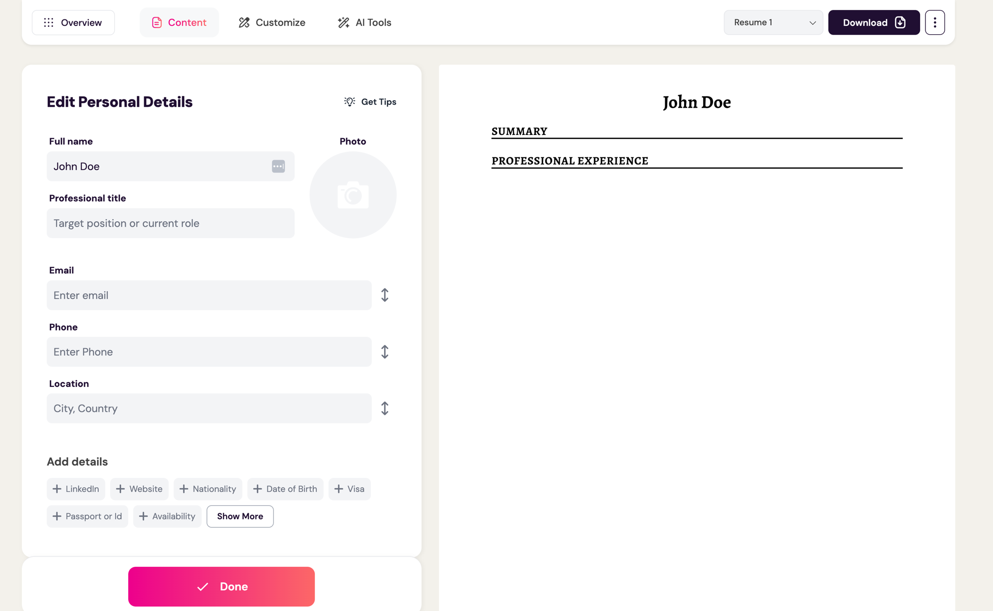 FlowCV resume editor on the free plan, showing live preview and design controls