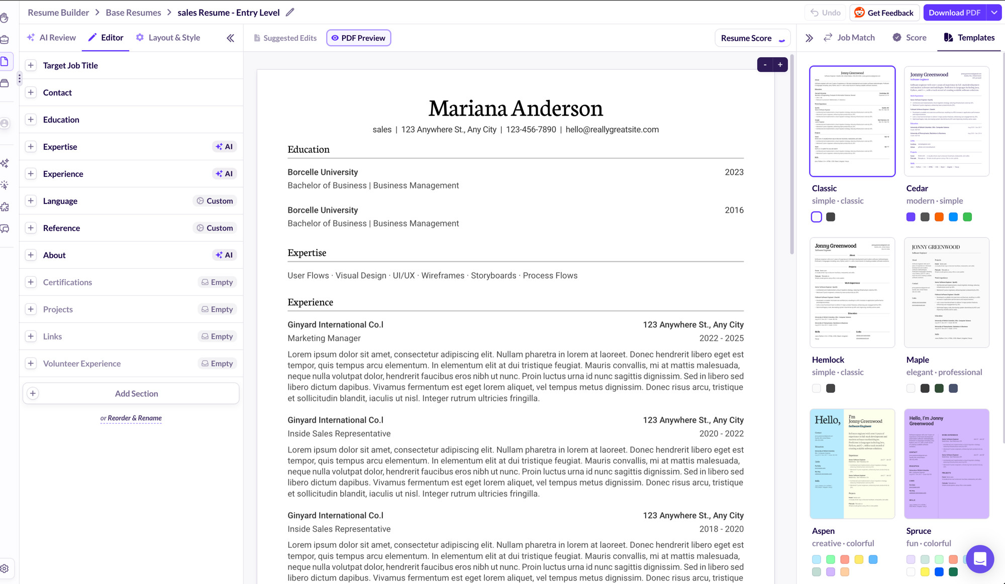 Huntr's AI resume builder with templates, job match, and scoring panels