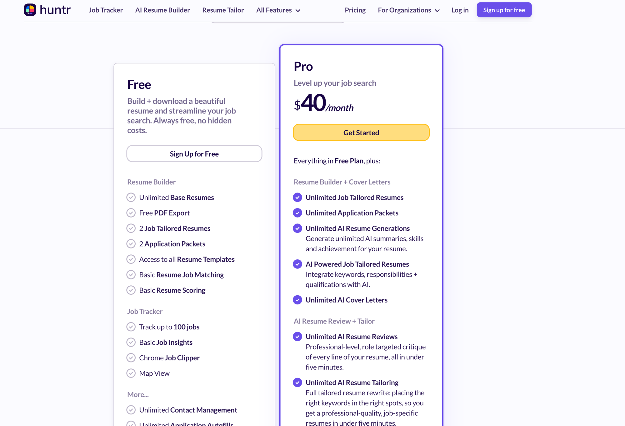 Huntr pricing page: free plan vs Pro at $40 per month