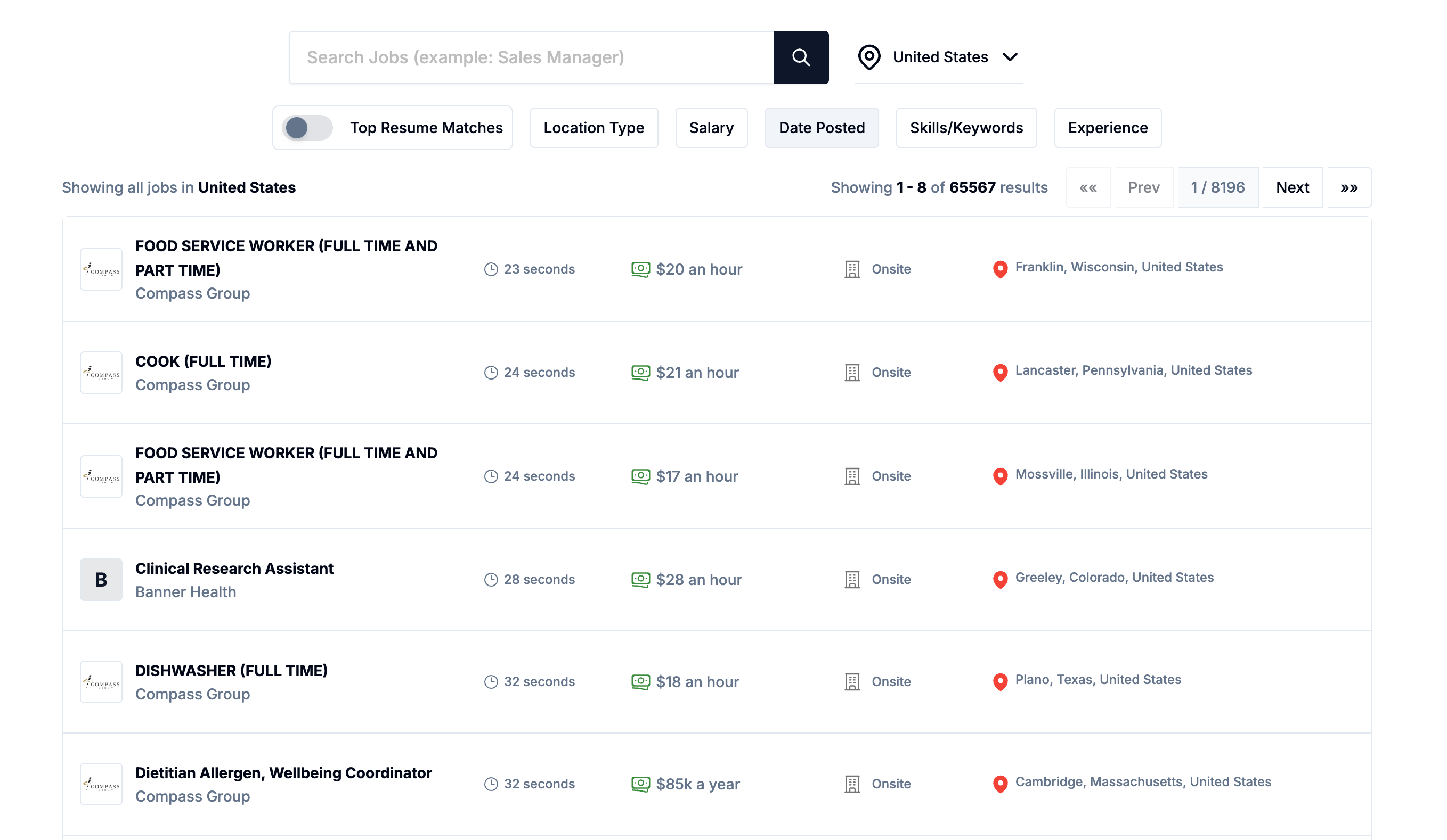 JobScoutly job board — search 50,000+ listings with filters for resume matches, location, salary, and experience