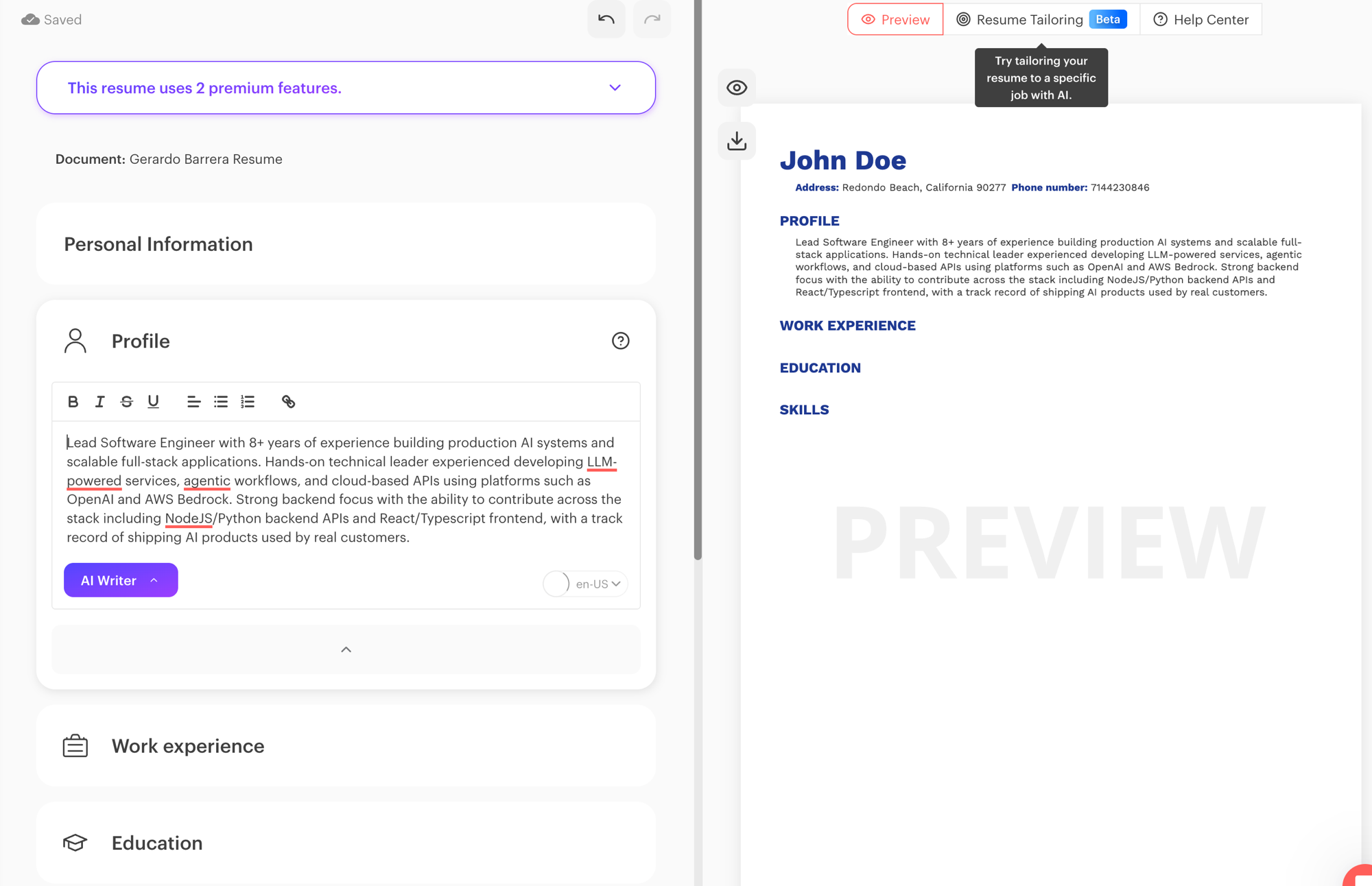 Kickresume resume editor showing template selection and AI assistant