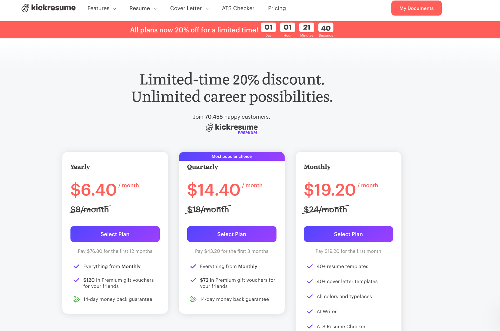 Kickresume pricing page showing free and premium tiers