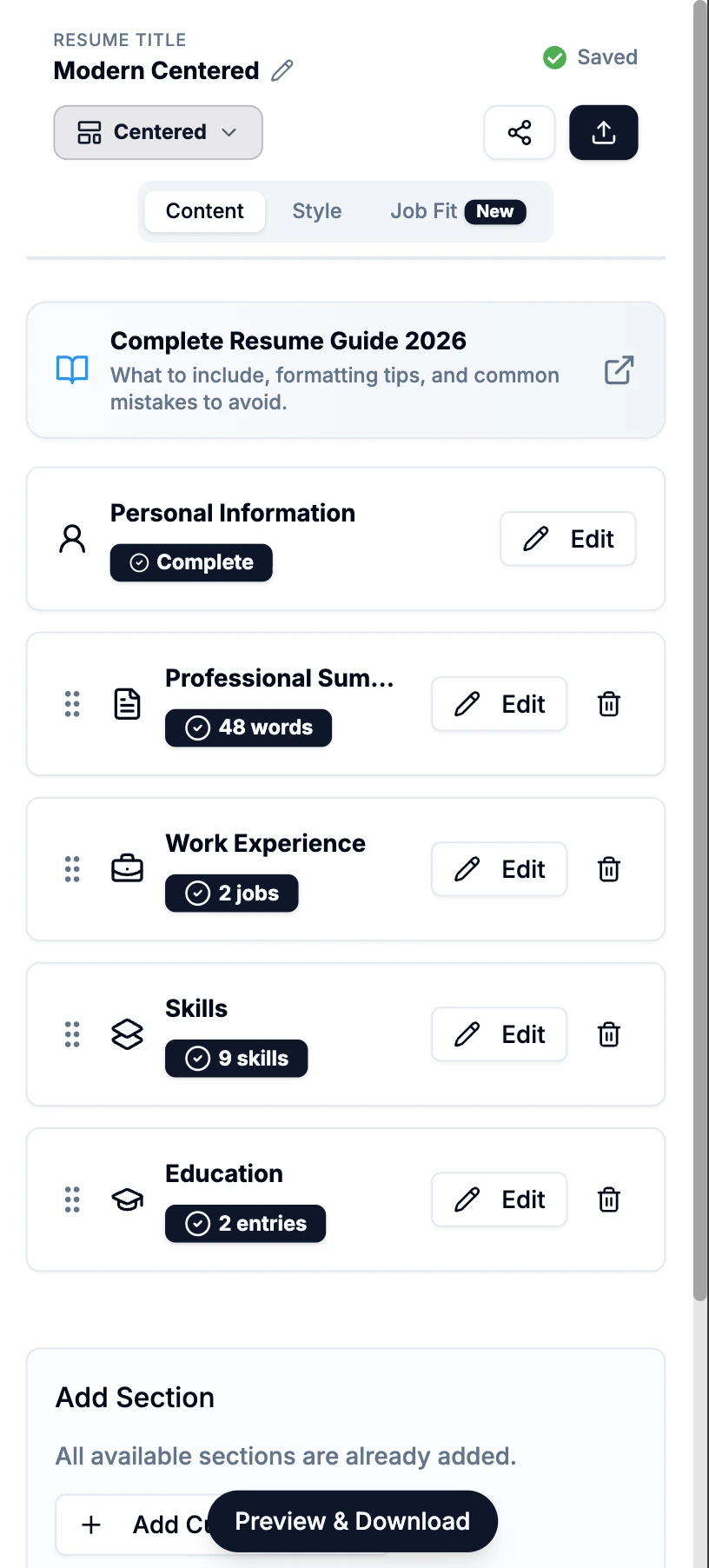 Building a resume in JobScoutly's tap-friendly mobile editor on a phone