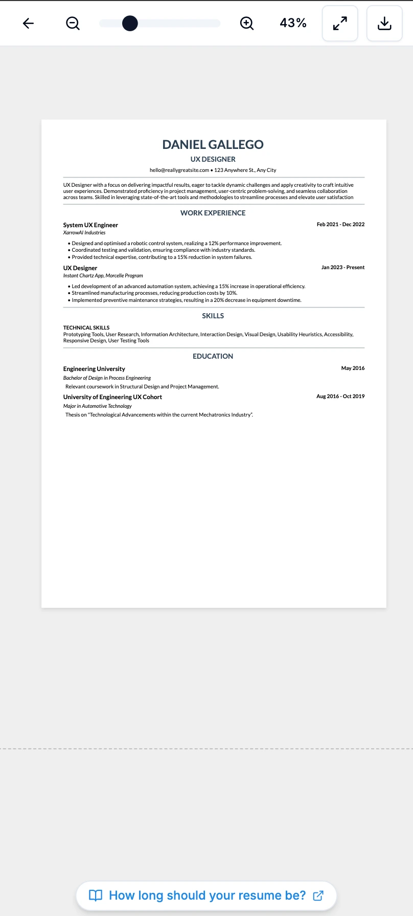 A finished resume PDF previewed on a phone, ready to download