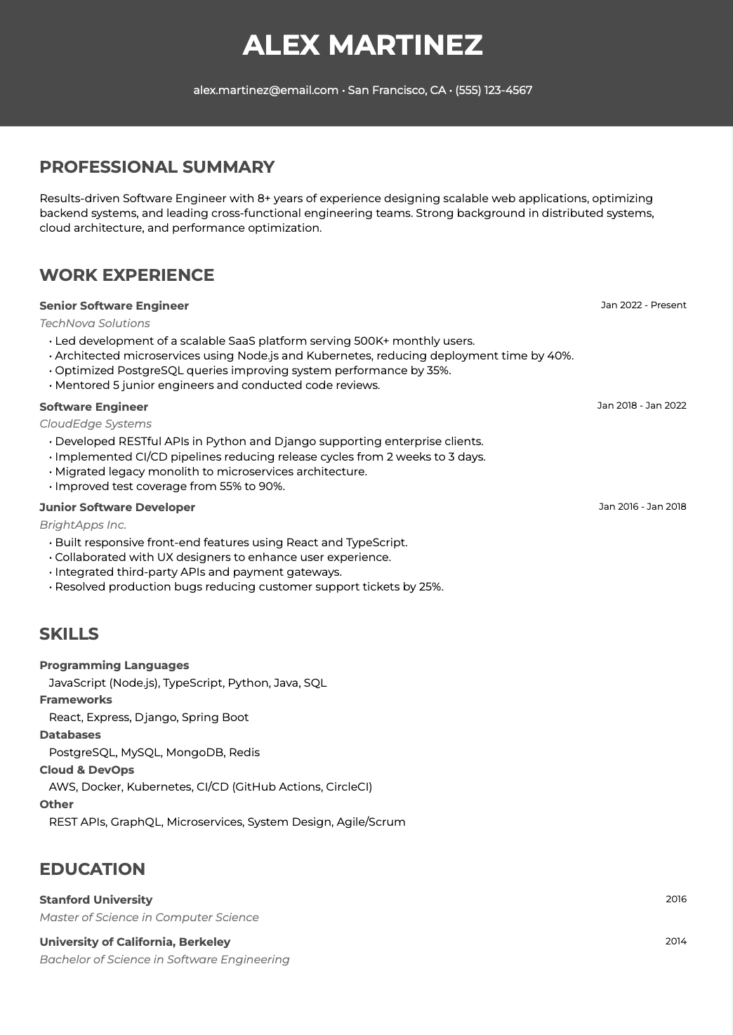 ATS-friendly one-column resume template — Software Engineer example
