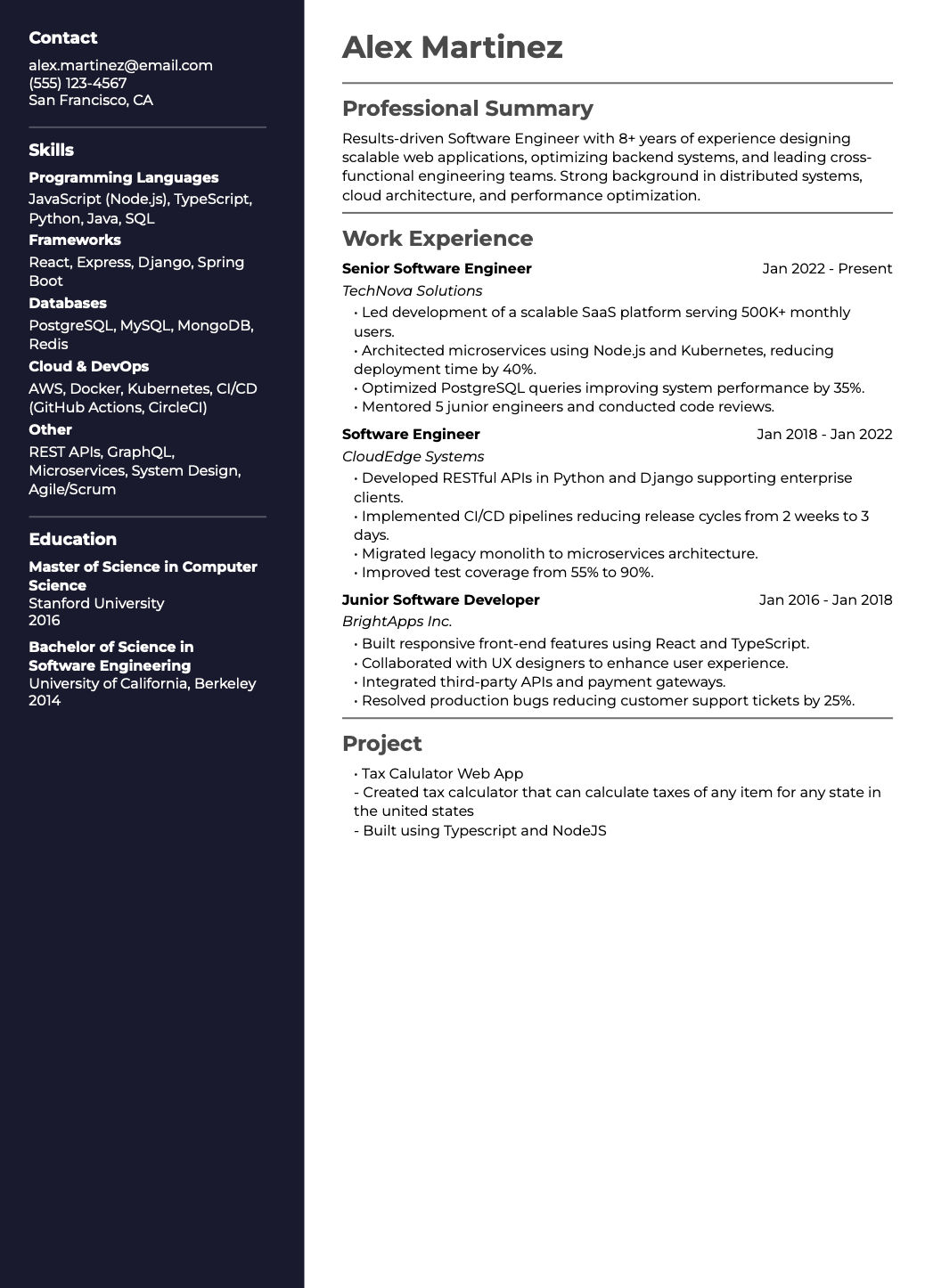ATS-optimized two-column resume template — Software Engineer example