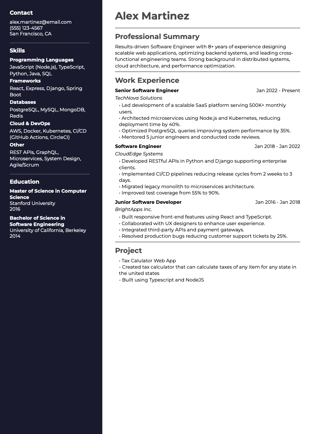 ATS-optimized two-column resume template — Software Engineer example