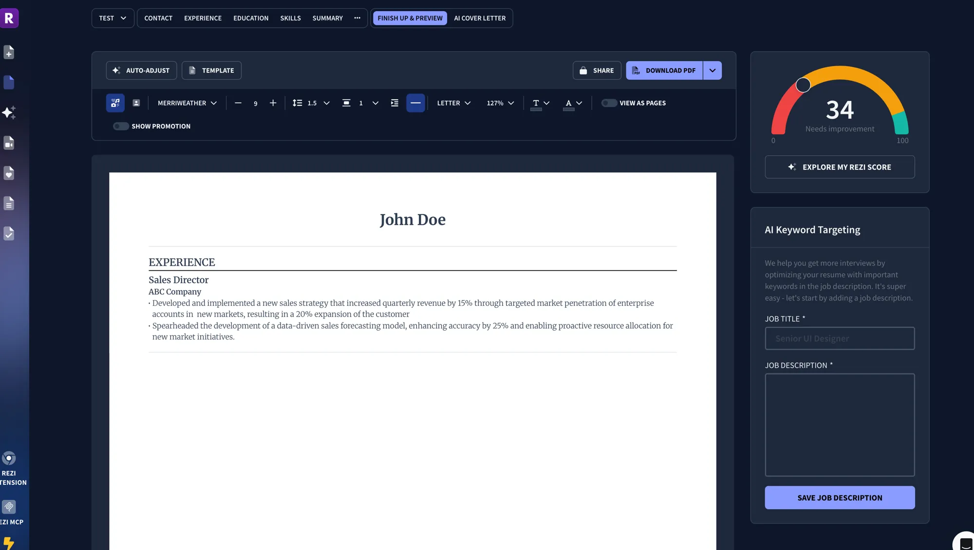 Rezi AI cover letter generator
