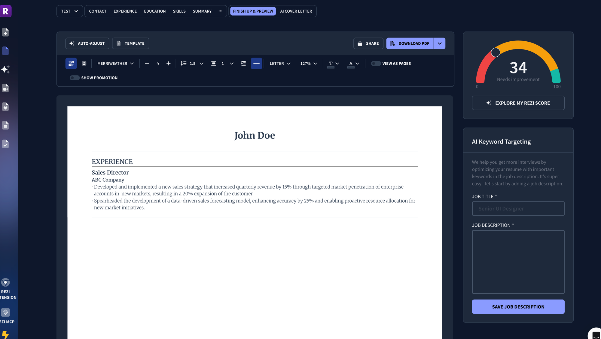 Rezi AI cover letter generator with job description input