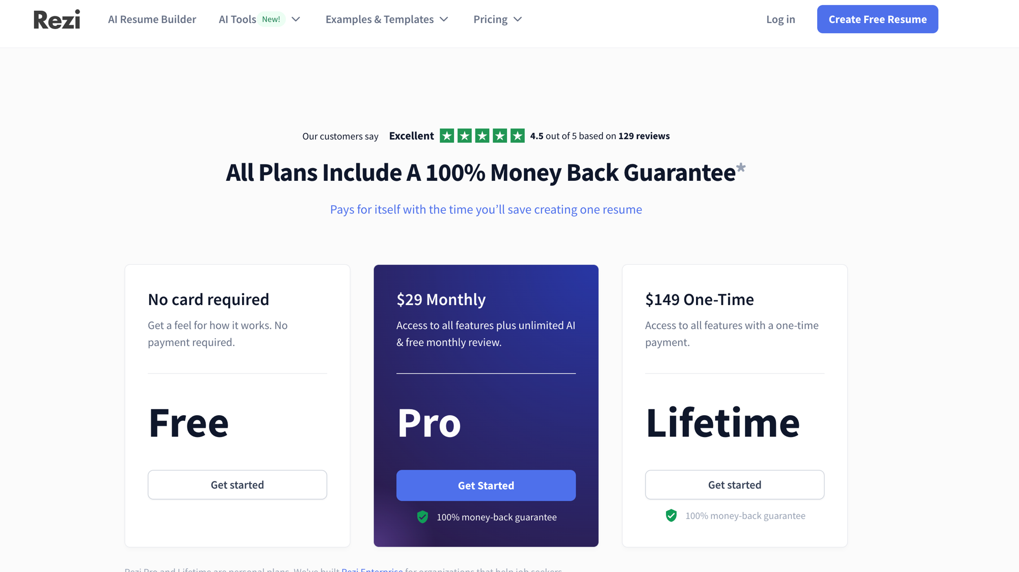 Rezi pricing page showing free credits and Pro plan