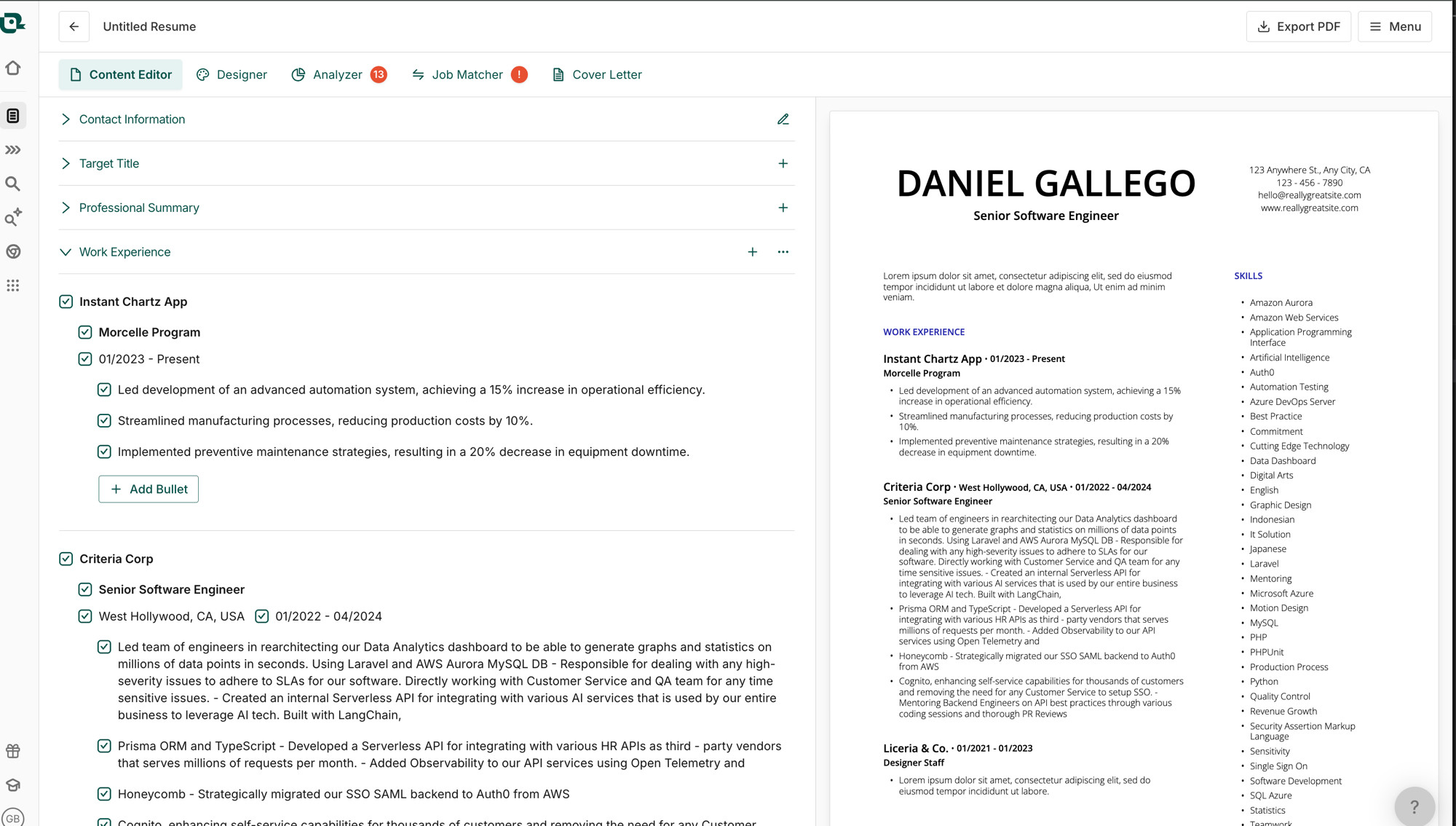 Teal resume builder with Analyzer and Job Matcher tabs