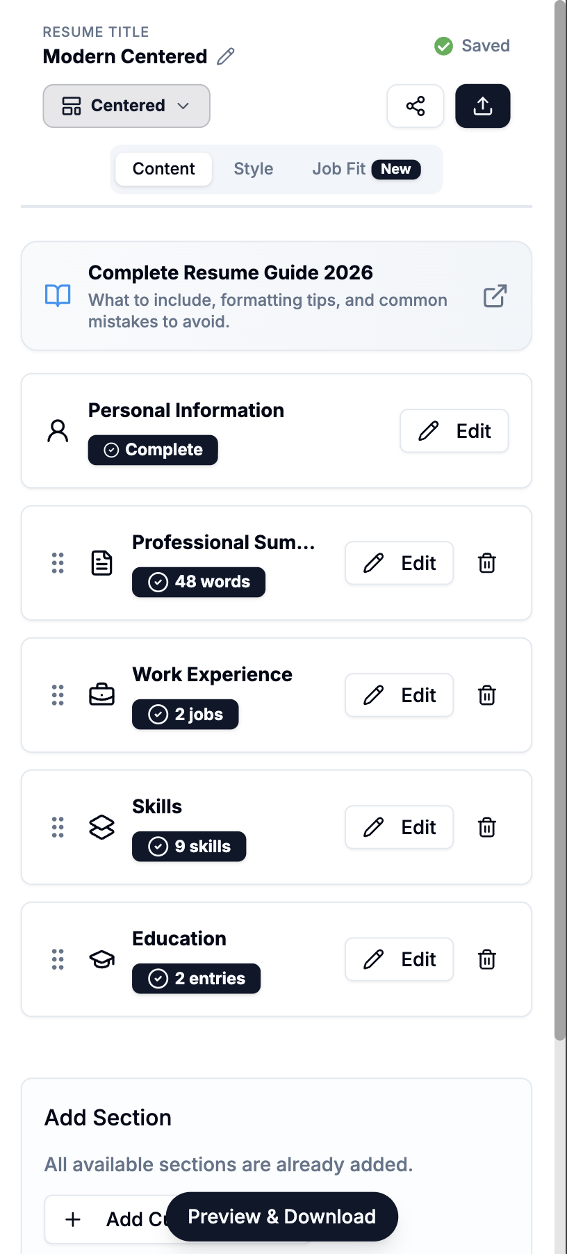 Building a resume on a phone with JobScoutly's mobile editor